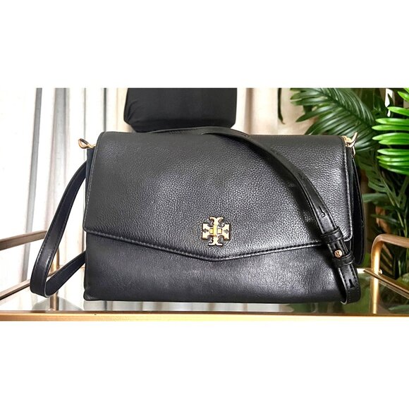 Tory Burch Black Leather and Suede Kira Handbag With Gold Logo Accents & Adjusta - Picture 2 of 13